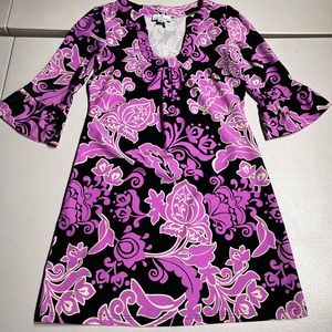 Jude Connally Women's Purple Black White Floral Stretch Nylon Shirt Dress SZ XS